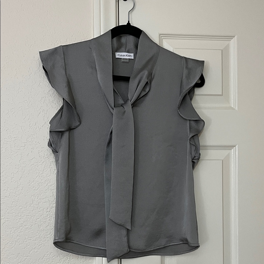 Calvin Klein Gray Ruffle Sleeve Blouse